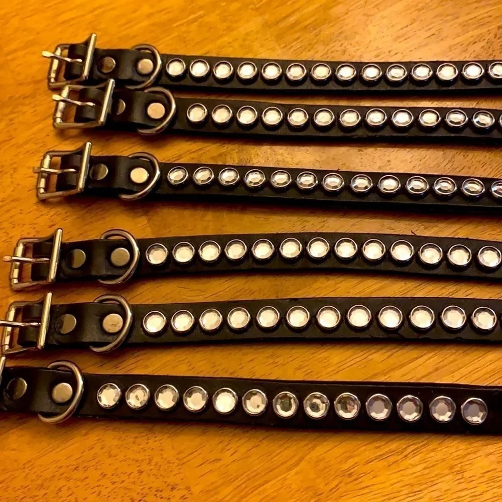 New Lot of 6 Handmade Leather and Clear Gem Collars